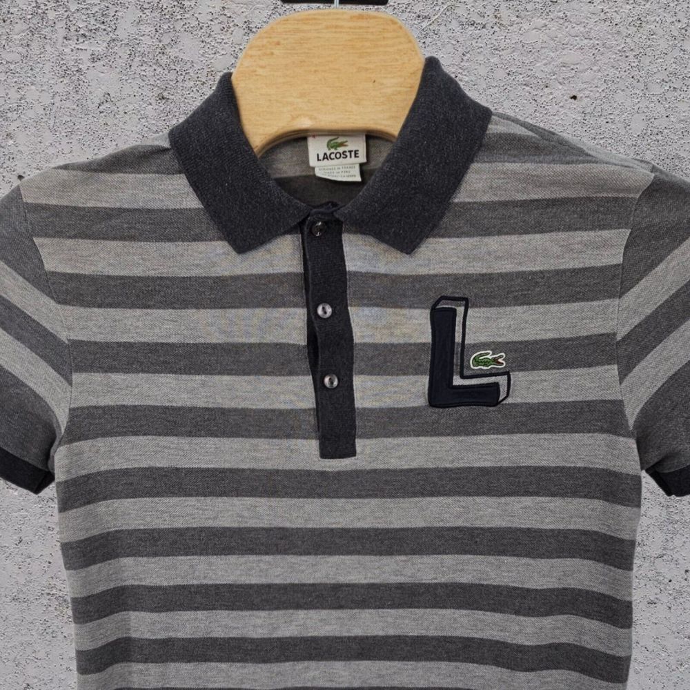 Lacoste Polo Shirt Size 4 Gray Striped‎ Big L Logo Crocodile Outdoors Preppy Men